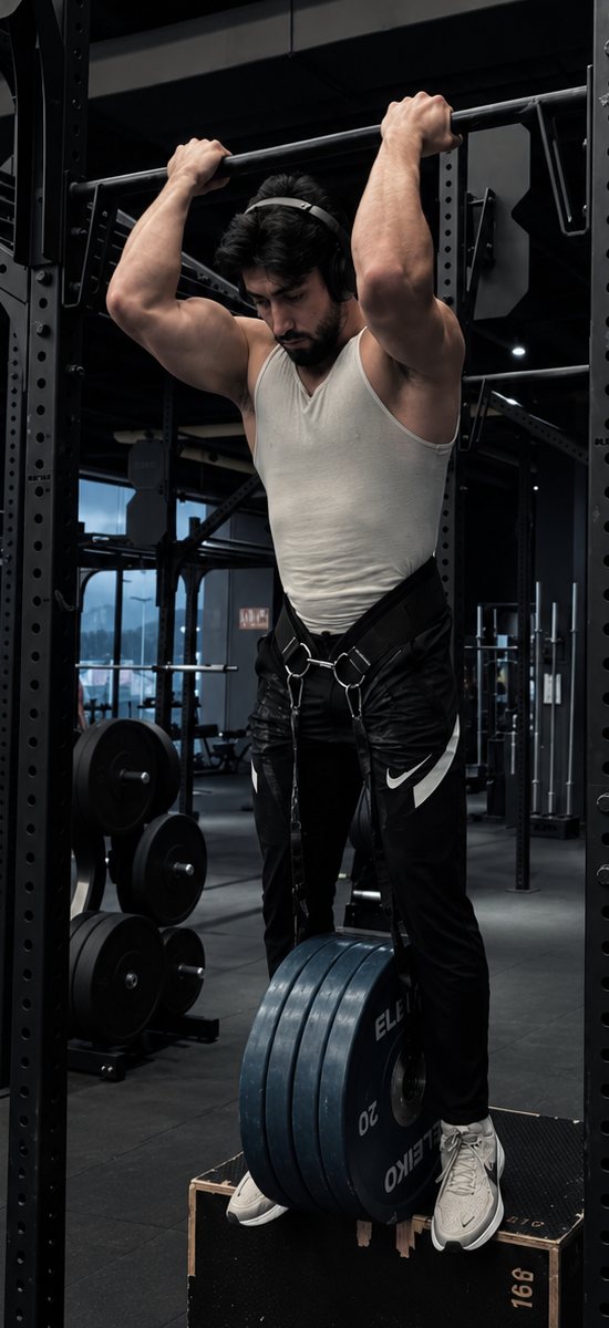 Youssef Yehya setting up a heavy weighted pull-up